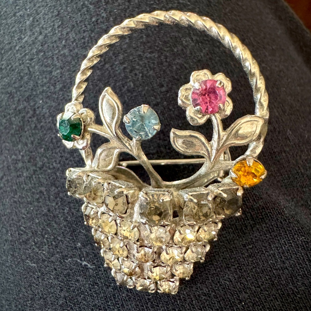 Vintage Elegant Silver Floral Basket Brooch with Multicolor Gems